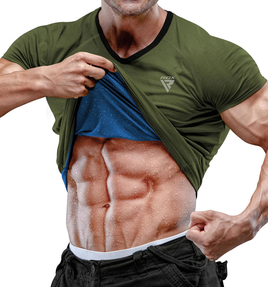 RDX Mens Sauna Shirt Heat Trapping Sweat Suit - Reach Oeko TEX 100 Certified T-Shirt - Gym Workout Fitness Tank Top Trimmer Army Green